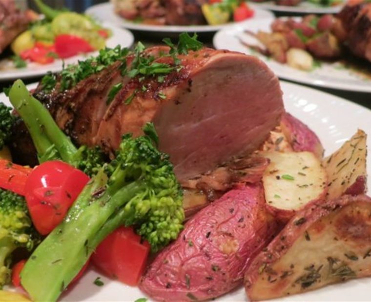 Plated beef dinner with seasonal vegetables, prepared by The Mobile Chef
